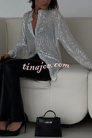 Fashion Sequin Lapel Long Sleeve Loose Shirt