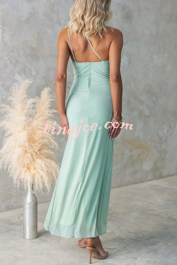 Fashion One-shoulder Pleated Sexy High Slit Slim Dress