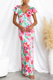 Say I Do Satin Floral Print Cap Sleeves Maxi Dress