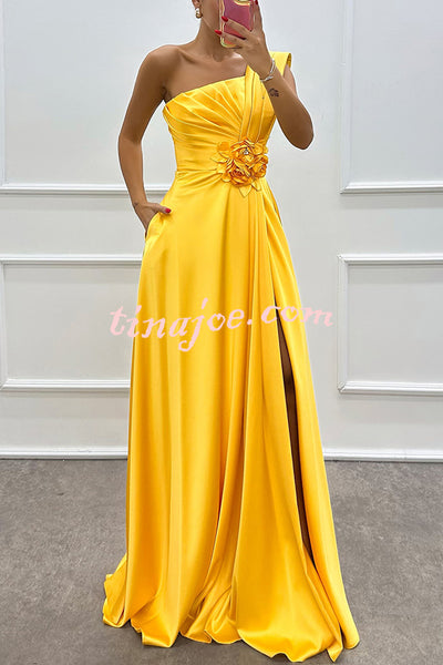 Nasha Satin Pleated One Shoulder Petal Gemstone Detail Pocket Slit Maxi Dress