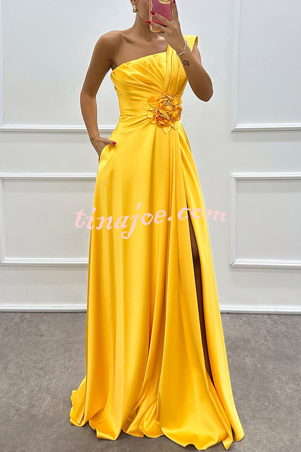 Nasha Satin Pleated One Shoulder Petal Gemstone Detail Pocket Slit Maxi Dress