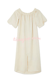 Sunveil Linen Blend Unique Print Puff Sleeve Pocket Strapless Maxi Dress