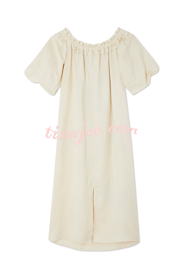 Sunveil Linen Blend Unique Print Puff Sleeve Pocket Strapless Maxi Dress