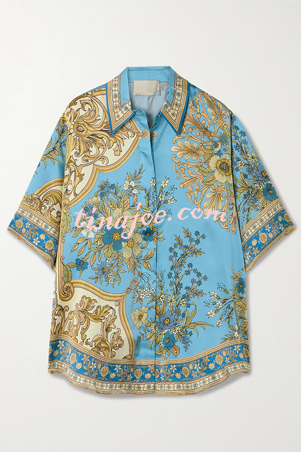 Satin Floral Print Loose Shirt and Elastic Waist Pocket Casual Wide-leg Pants