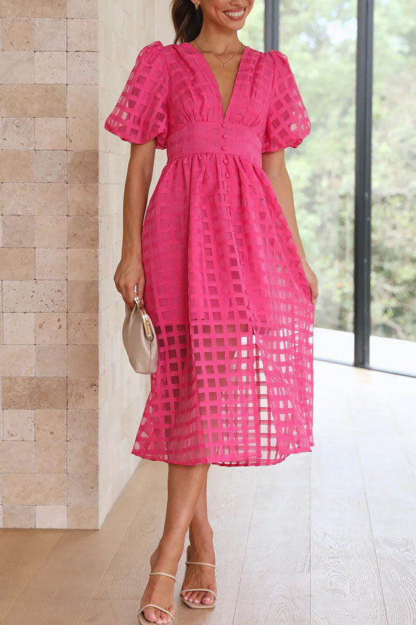 Remarkable Beauty Square Patterned Fabric Puff Sleeve Midi Dress