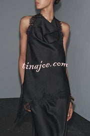 Dolly Satin Lace Trim Halter Cowl Neck Asymmetric Hem Tank