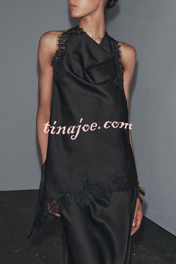 Dolly Satin Lace Trim Halter Cowl Neck Asymmetric Hem Tank
