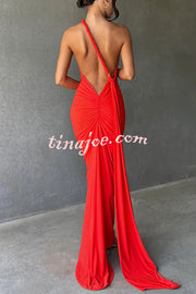 Sexy Backless Pleated Slim Solid Color Sleeveless Elegant Maxi Dress