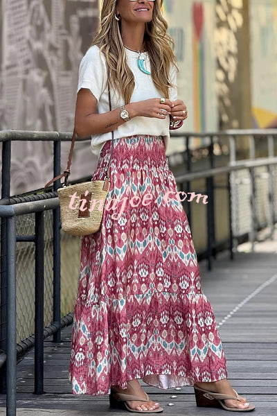 Resort Style Unique Print Pleated Elastic Waist Maxi Skirt