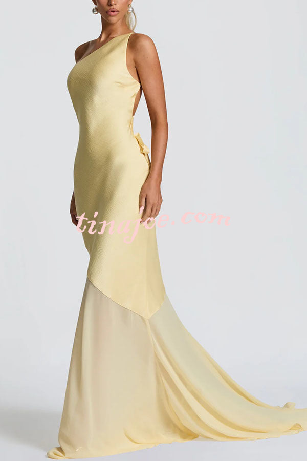 Fable Satin One Shoulder Back Adjustable Straps Contrast Chiffon Hem Maxi Dress