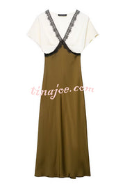 Fashionable Contrast Color V-neck Lace Stitching Maxi Dress