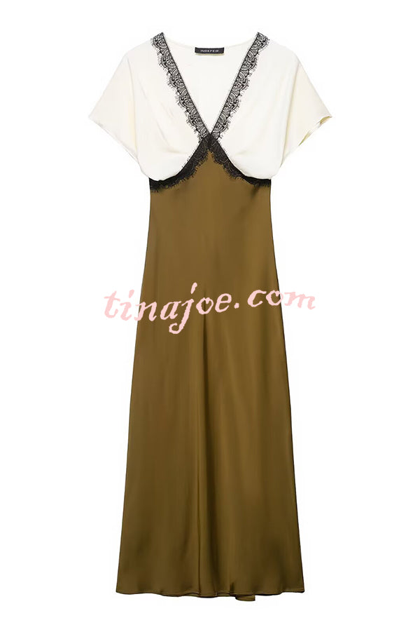 Fashionable Contrast Color V-neck Lace Stitching Maxi Dress