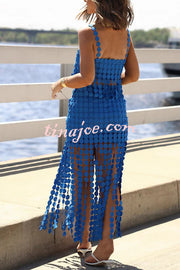 Caitlin See Through Circle Embroidery Square Neck Tassle Hem Slip Tank