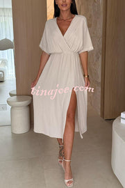 Linen Blend Solid Color V-neck Short Sleeve Waist Loose Slit Midi Dress
