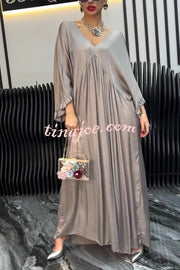 Satin Solid Color V-neck Lotus Leaf Sleeve Loose Pleated Maxi Dress