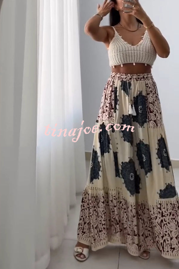 Unique Print Elastic High Waist Tie Pocket Holiday Style Wide Leg Pants