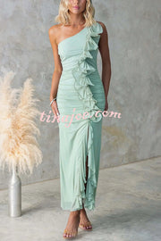 Fashion One-shoulder Pleated Sexy High Slit Slim Dress