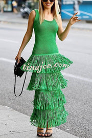 Solid Color Sleeveless Slim Fit Fringed Hem Knitted Midi Dress