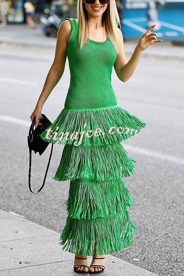 Solid Color Sleeveless Slim Fit Fringed Hem Knitted Midi Dress
