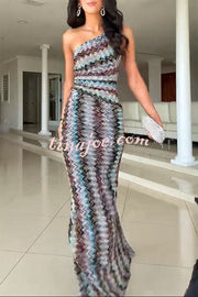 Cocktails and Vacation Knit Colorful Zigzag Pattern One Shoulder Slit Maxi Dress
