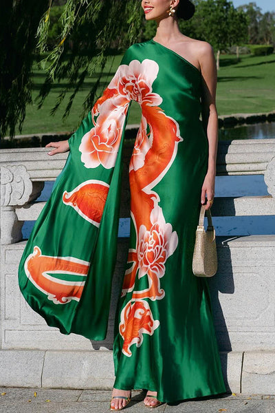 Elegance and Grace Satin Dragon Print One Shoulder Drape Sleeve Maxi Dress