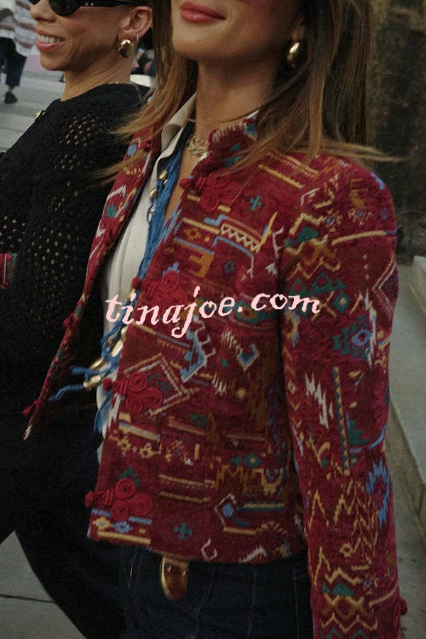 Vintage Bohemian Printed Chinese Style Buttons Long Sleeve Crop Jacket