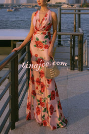 Rose Print Sexy Halter Neck Strappy Backless Slim Fit Maxi Dress