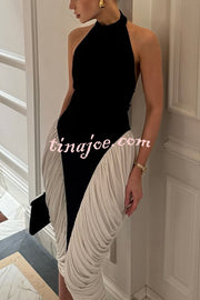 Daija Contrast Color Halter Neck Backless Side Ruched Drape Midi Dress