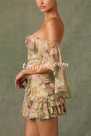 Chiffon Floral Print Elegant Multi-Layered Ruffle Mini Dress