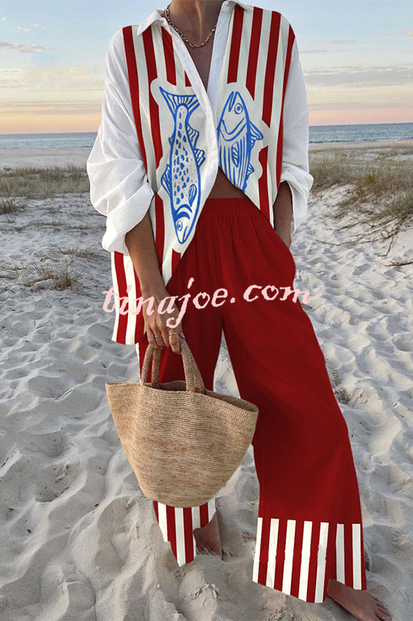 Striped Fish Print Oversized Shirt and Elastic Waist Pocket Pants Set