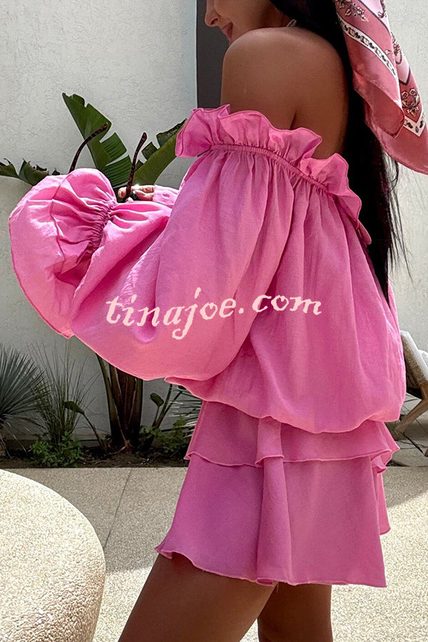 Arnell Linen Blend Off Shoulder Balloon Sleeve Shirt and Elastic Waist Layered Shorts Set