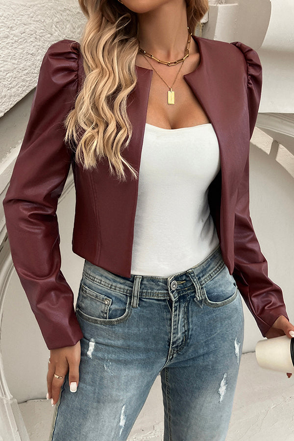 Yelissa Faux Leather Statement Long Sleeve Open Front Crop Jacket