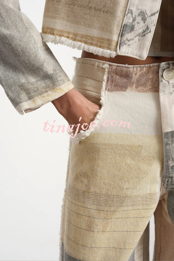 Historic Imagery Unique Print High Rise Pocketed Wide Leg Jeans