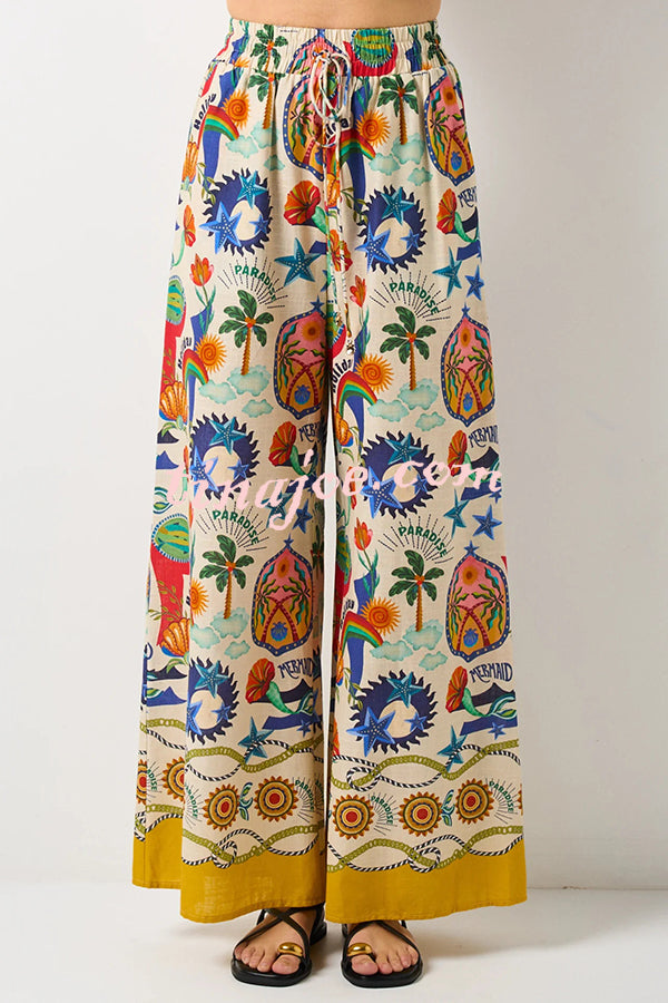 Linen Blend Unique Print Loose Short Sleeve Shirt and Elastic Waist Tie Pocket Pants Set