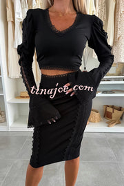 Career Beauty Lace Paneled Long Bell Sleeve Crop Top and High Rise Mini Skirt Set