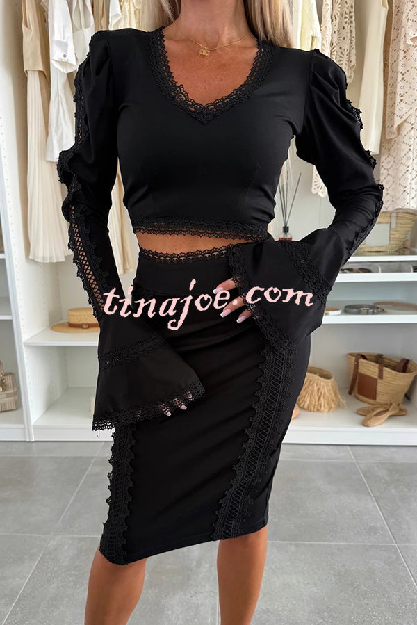 Career Beauty Lace Paneled Long Bell Sleeve Crop Top and High Rise Mini Skirt Set