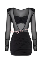 Sexy Mesh See-through Long-sleeved Backless Pleated Rompers