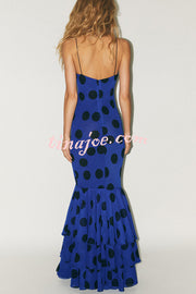 Eliora Mesh Polka Dot Print Gathered Bust Layered Fishtail Hem Maxi Dress