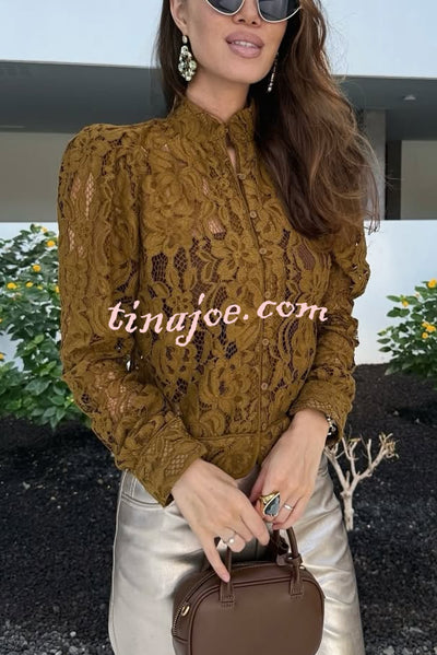 Palace Style Crochet Flower Lace Stand Neck Button Puff Sleeve Jacket