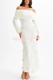 Timeless Sophistication Knit Off Shoulder Rose Detail Stretch Maxi Dress