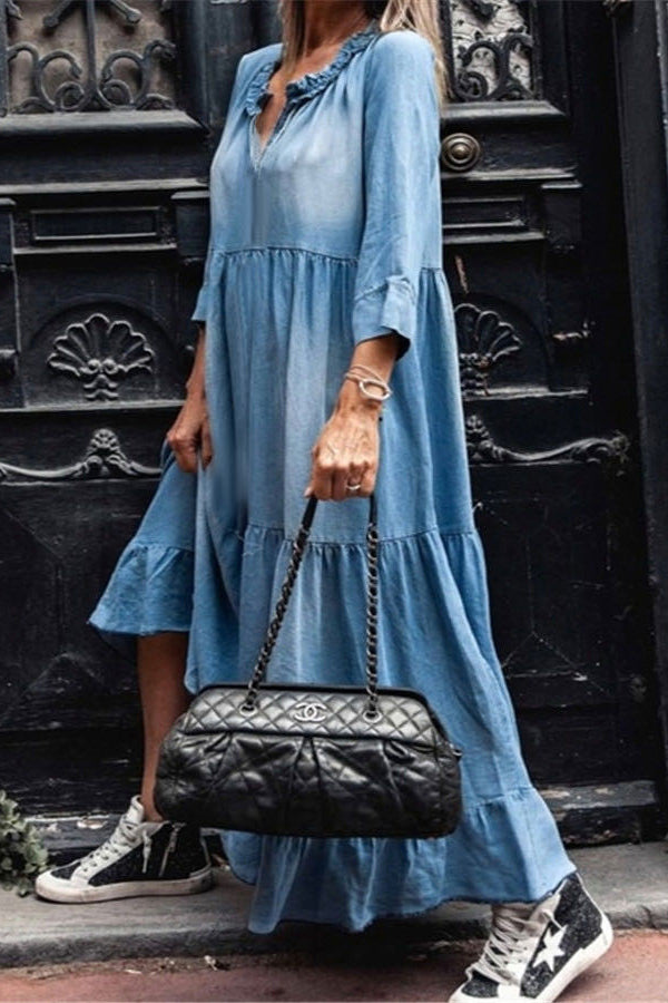 V Neck Long Sleeve Hem Denim Maxi Dress