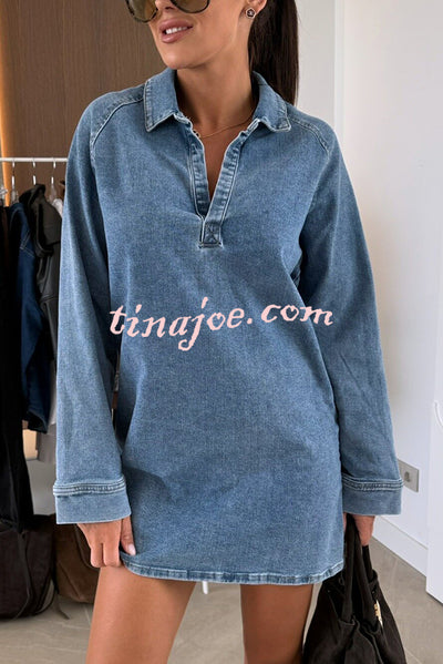 Fashion Lapel Long Sleeve Loose Denim Mini Dress