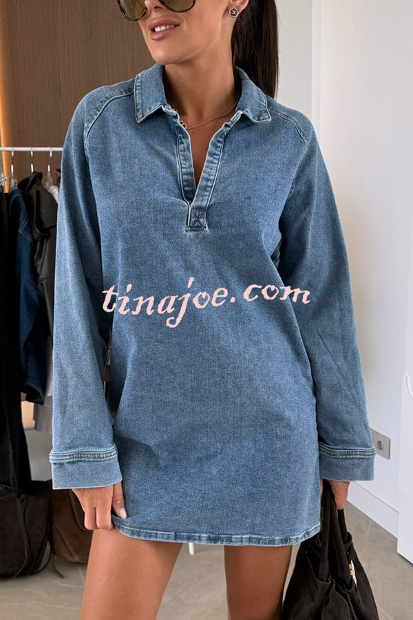 Fashion Lapel Long Sleeve Loose Denim Mini Dress