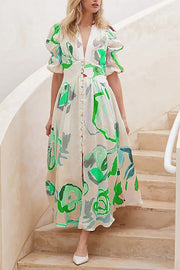 Lover's Gaze Watercolor Floral Printed Puff Sleeve Button Maxi Dress