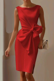 Solid Color Bow Decoration Round Neck Sleeveless Knee-Length Mini Dress
