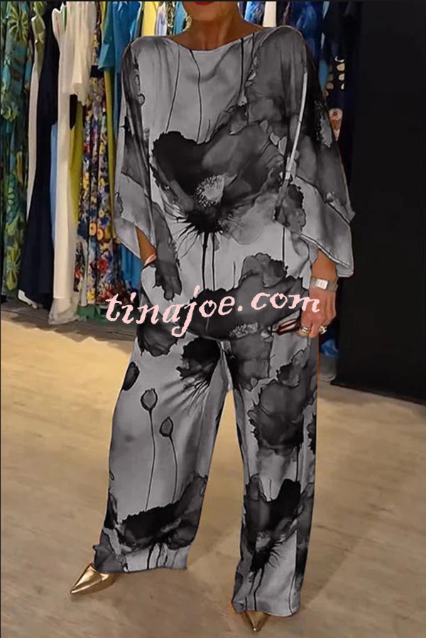 Satin Botanical Print Crew Neck Casual Top and Elastic Waist Loose Pocket Pants Set