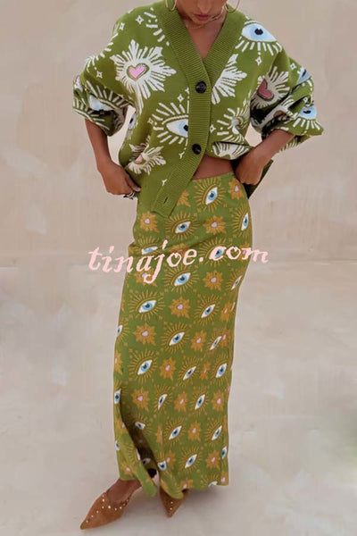 Mysterious Magic Satin Eye Heart Pattern Elastic Waist Drape Maxi Skirt
