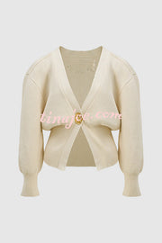 Only Yours Knit Metal Leaf Shape Button Lantern Sleeve Relaxed Cardigan