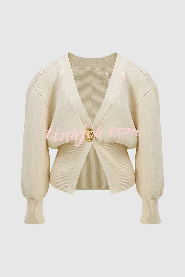 Only Yours Knit Metal Leaf Shape Button Lantern Sleeve Relaxed Cardigan