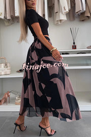 Colorblock Print Elastic Waist Relaxed Tulle Maxi Skirt